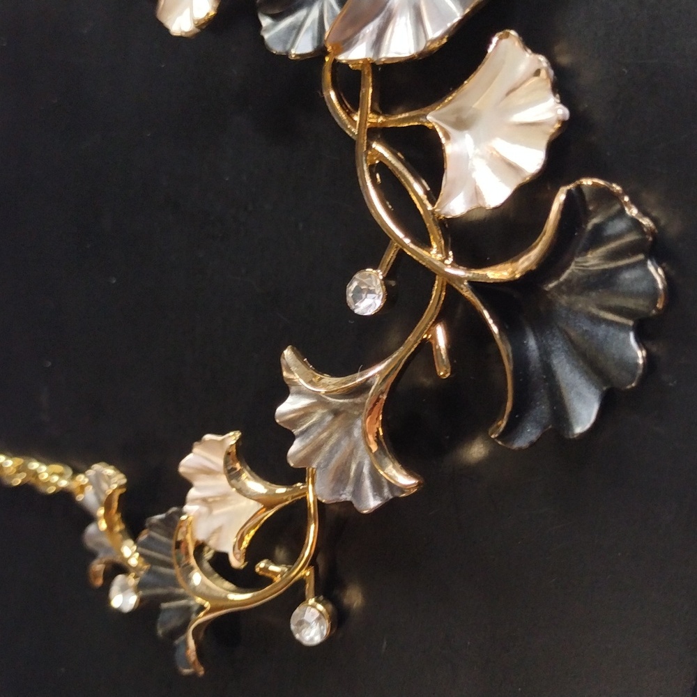 White Austrian Crystal & Enameled Ginkgo Leaf Goldtone Necklace